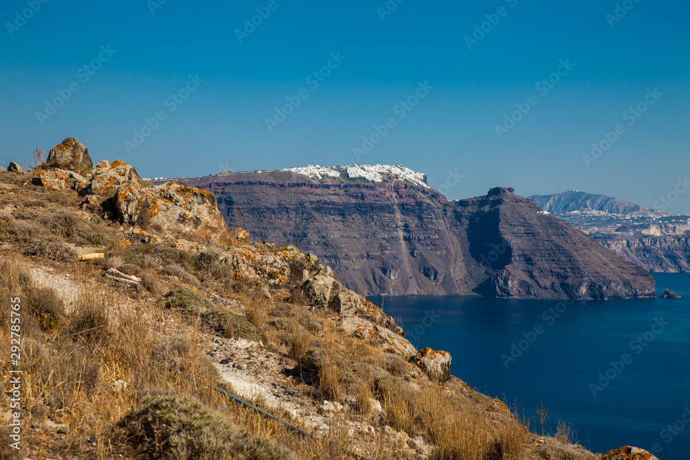The beautiful landscapes seen from the walking path number nine between the cities of Fira and Oia in Santorini Island