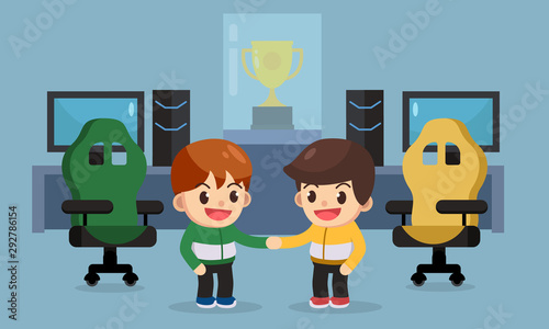 e-sport gamer shake hand before competition, e sport business concept. vector illustration character
