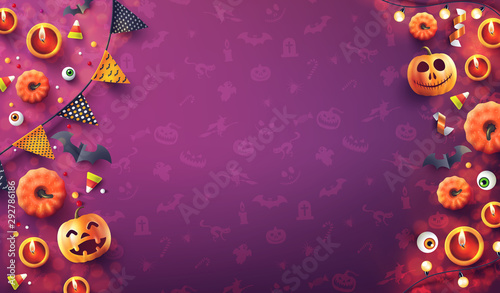Halloween  background with candle light, pumpkin and Halloween Elements on seamless pattern background.Romantic date night Concept.Website spooky,Background or banner Halloween template