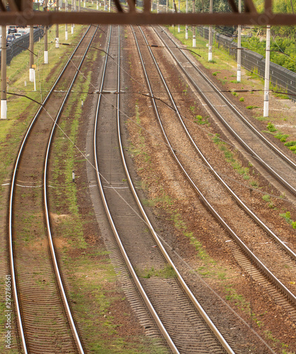 Several rail tracks going to the horizon, top view