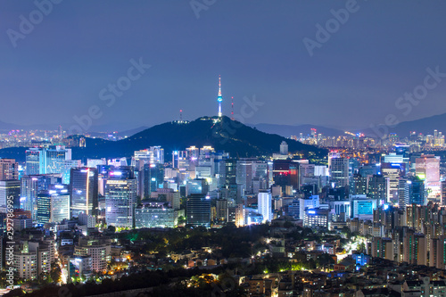Seoul South Korea City Skyline at night with seoul tower.