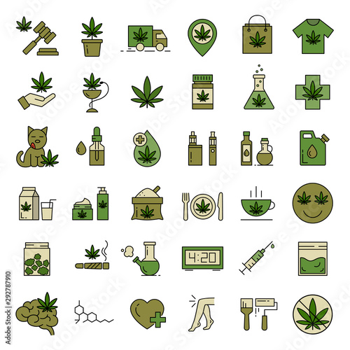 Marijuana icons. Set of medical cannabis icons. Drug consumption. Marijuana Legalization. Isolated vector illustration on white background.