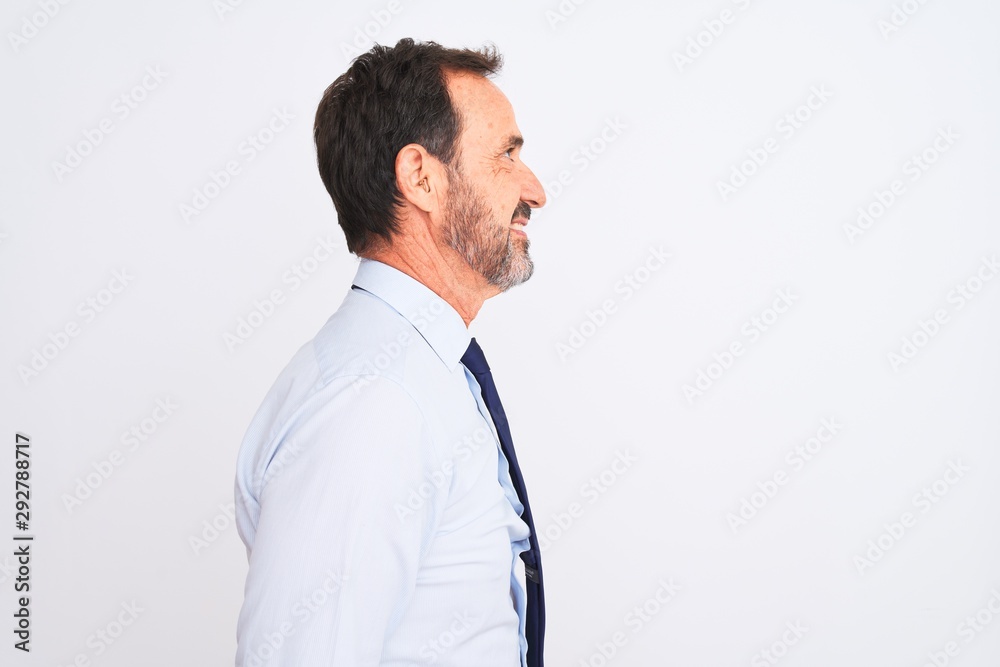 Middle age businessman wearing elegant tie standing over isolated white background looking to side, relax profile pose with natural face with confident smile.