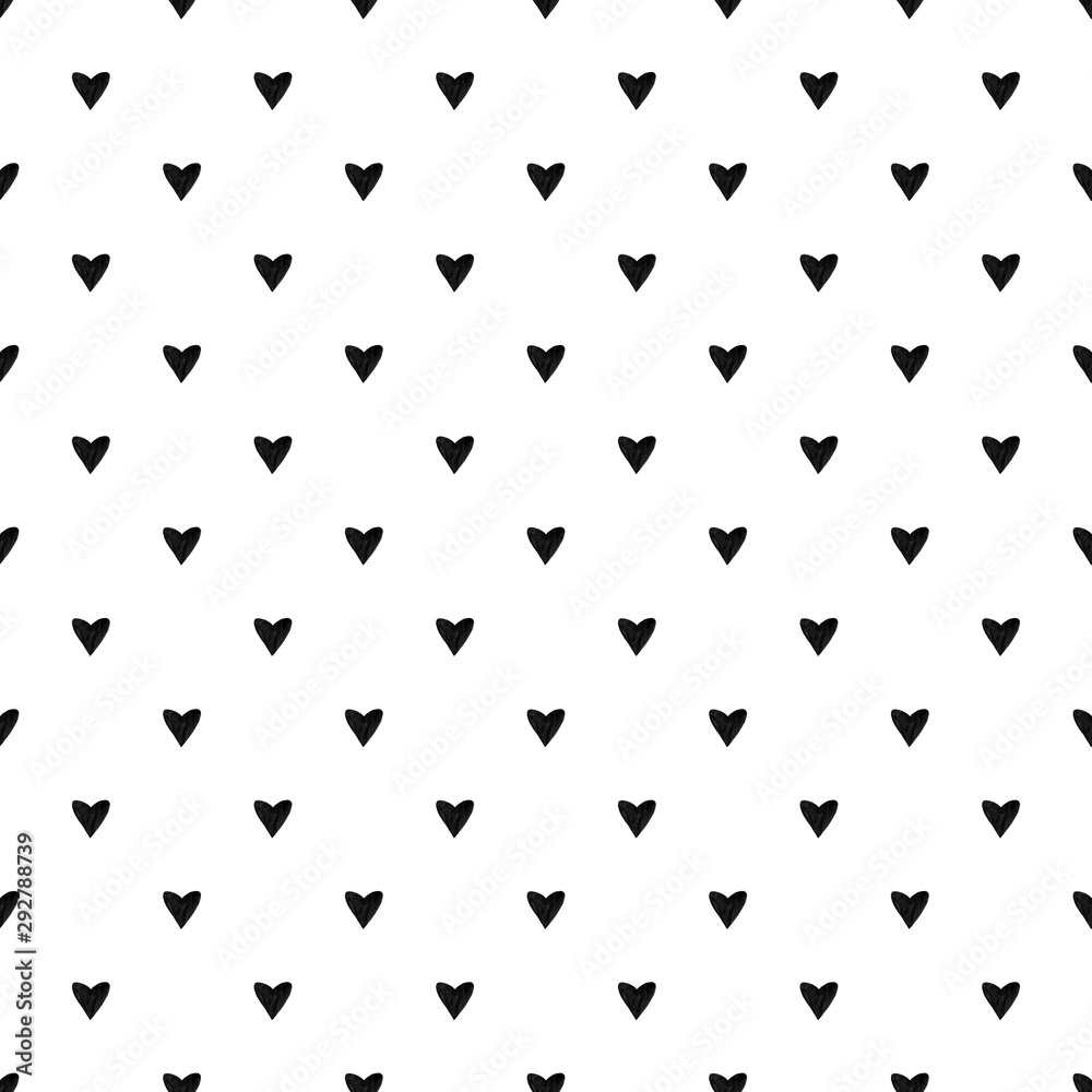 Seamless pattern with black hearts on white background. Hand painted dark romantic texture for packaging, wedding, birthday, Valentine's Day, mother's Day, halloween