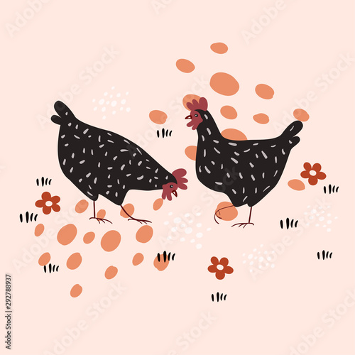 Two hens in the meadow. vector image. eps 10