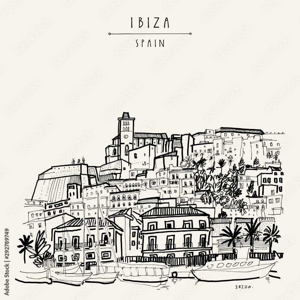 Ibiza Town Old city, Balearic islands, Spain, Europe. Ibiza castle. Historical buildings. Travel sketch. Hand drawn vintage book illustration, greeting card, postcard - obrazy, fototapety, plakaty 