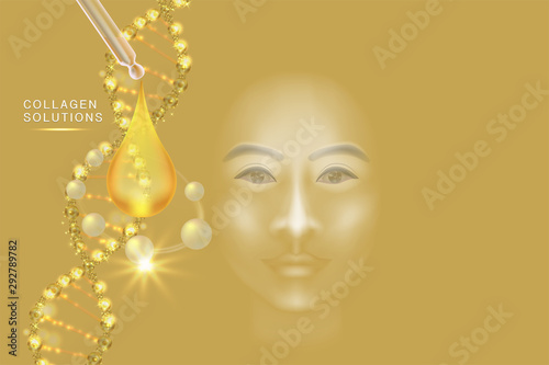 Hyaluronic acid skin solutions ad, gold collagen serum with cosmetic advertising background ready to use, illustration vector.	