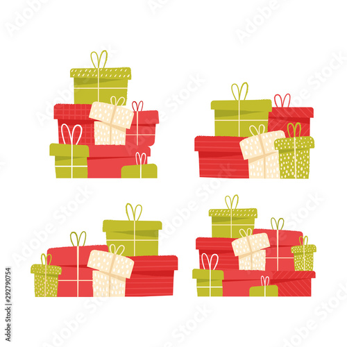 Colorful gift boxes for holiday celebrations. Christmas, new year gifts. Template for greeting cards for invitation, frame corner isolated on white background