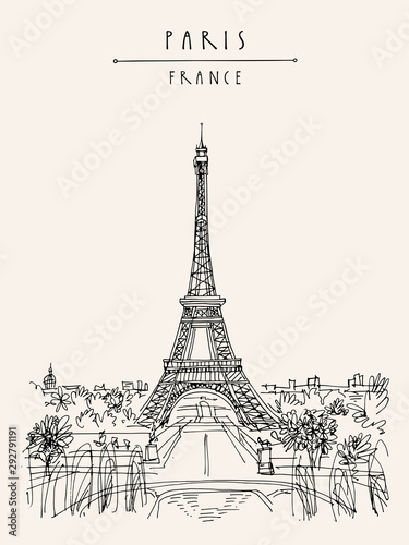 Paris, France, Europe. Eiffel Tower. French famous landmark. Hand drawing. European travel sketch. Vertical vintage hand drawn touristic postcard, poster, brochure illustration. EPS10 vector art