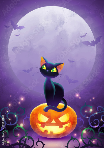 Happy Halloween invitation. Holiday trick or treat poster. Cartoon black cat face pumpkin bat and spider on the full moon background. Greeting card. Watercolor design. Vector illustration.