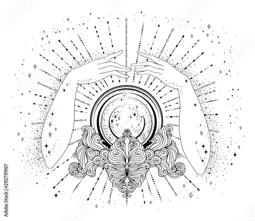Vector hand drawn fortuneteller female hands conjure above a magic crystal ball on a patterned stand. The magic rays of the cosmic universe Halloween concept Mage Attributes Design card, print t-shirt