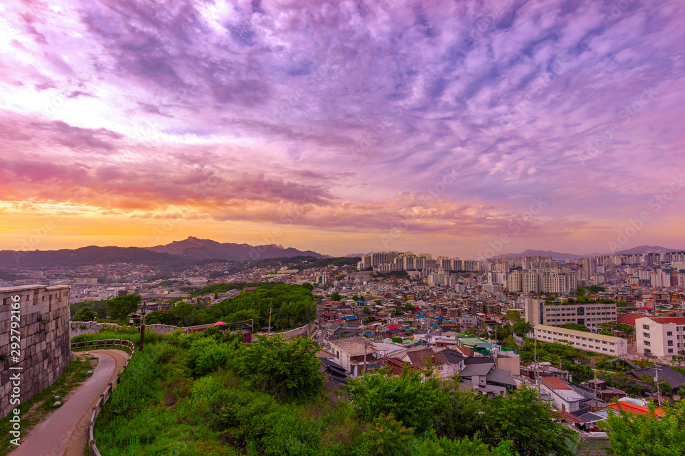 Seoul City Skyline sunset Location at Naksan Park with Ancient Walls in Seoul South Korea