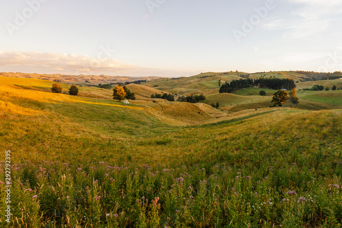 Panorama of Te Miro area in evening haze, New Zealand