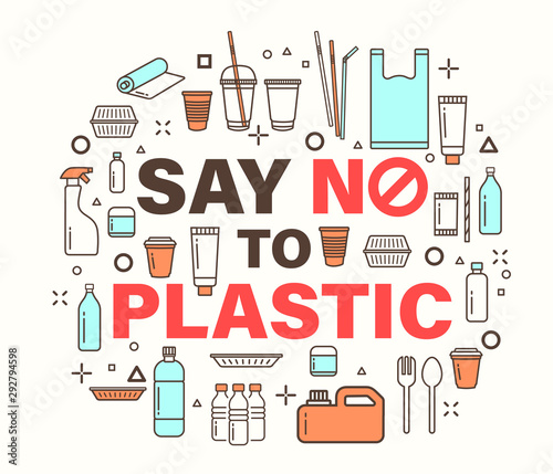 Say no to plastic illustration. Environmental problem concept. plastic package line icons style.