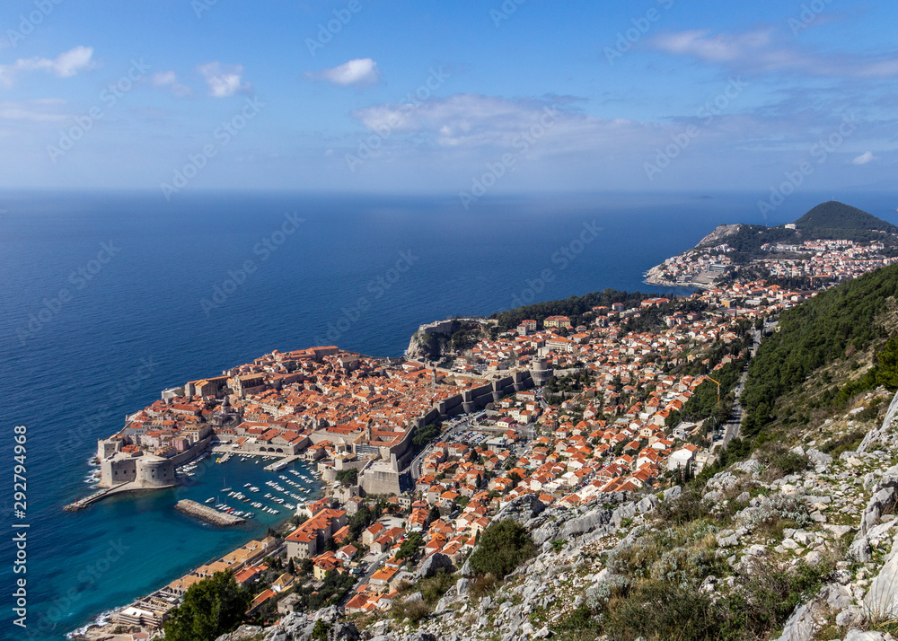 View of the old city of Dubrovnik from a viewpoint high above the sea