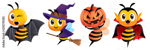 Happy Halloween. Cartoon cute bee halloween costumes mascot set. Cartoon cute bee in bat, witch, pumpkin and Dracula costumes - Bee halloween vector character