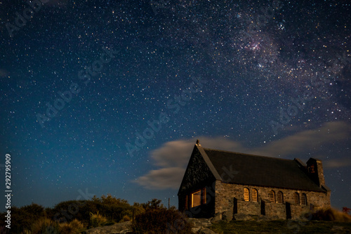 View of church and stars at night, Tekapo