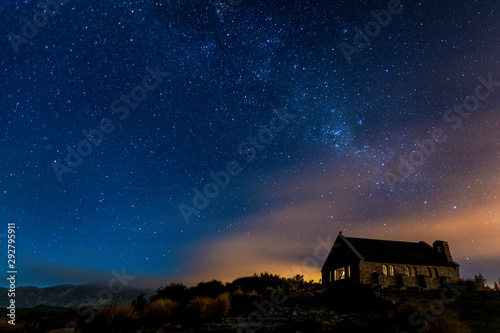 View of famous church in Tekapo at night, New Zealand photo