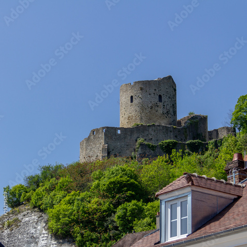 The tower of Chateau de La Roche-Guyon is perched atop the hill above the village of the same name © Bob