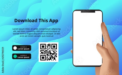 page banner advertising for downloading app for mobile phone, smartphone. Download buttons with scan qr code template.