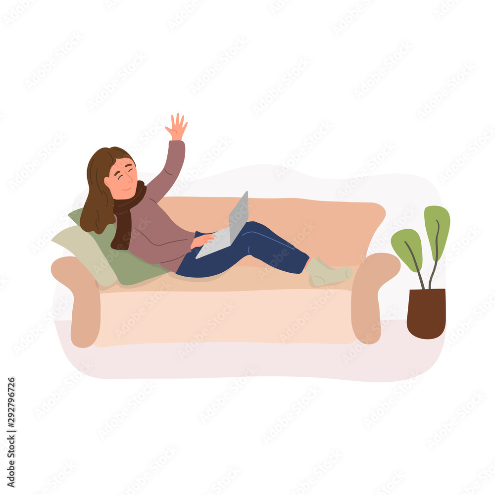 Sick young woman holding laptop, lying on sofa at home and surfing internet and talking with friends with Video call. Cute girl is relaxing at home. Vector cartoon flat illustration
