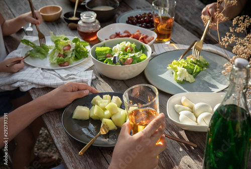 Dinner with organic salad on rustic wooden table, Food healthy organic vegetable concept