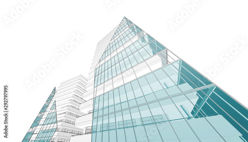 Abstract Architecture background. Perspective 3d Wireframe of building 
