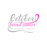 october breast cancer awareness month text. handwritten calligraphic inscription. cursive lettering element for tshirt, banner, invitation, postcard, vignette, flyer, poster. vector illustration. 