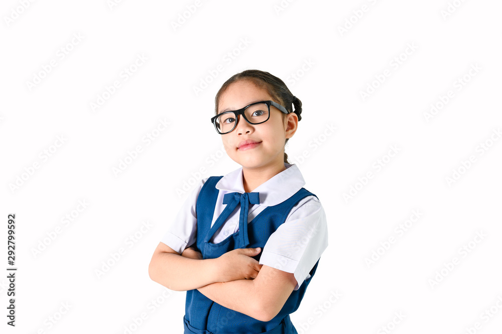 Portrait of smiling, little girl in school uniform Isolated on white background