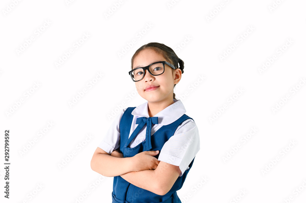 Portrait of smiling, little girl in school uniform Isolated on white background Portrait of smiling, little girl in school uniform Isolated on white background