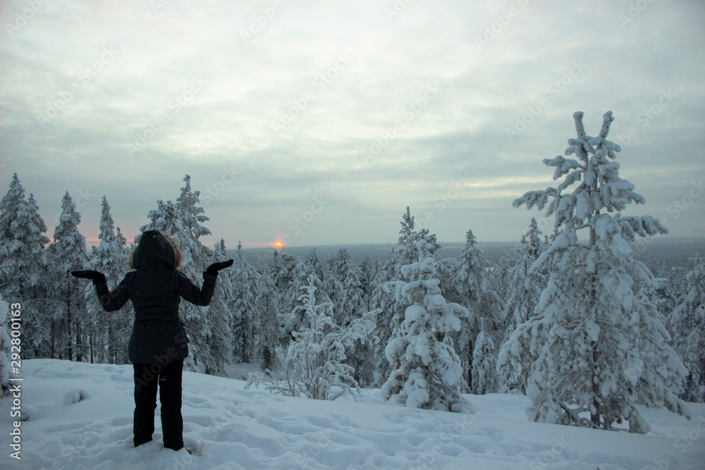 Foto de mujer, con frió, bajo cero, nevado, arboles nevados, simple,de  invierno, nieve, montaña, polo norte, esquiar, paisaje, naturaleza,  rovaniemi do Stock