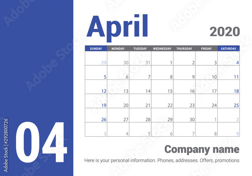 April 2020 calendar. English planner. Сolor vector template. Week starts on Sunday. Business planning. Clean minimal table. Simple design