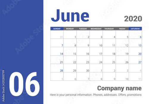 June 2020 calendar. English planner. Сolor vector template. Week starts on Sunday. Business planning. Clean minimal table. Simple design