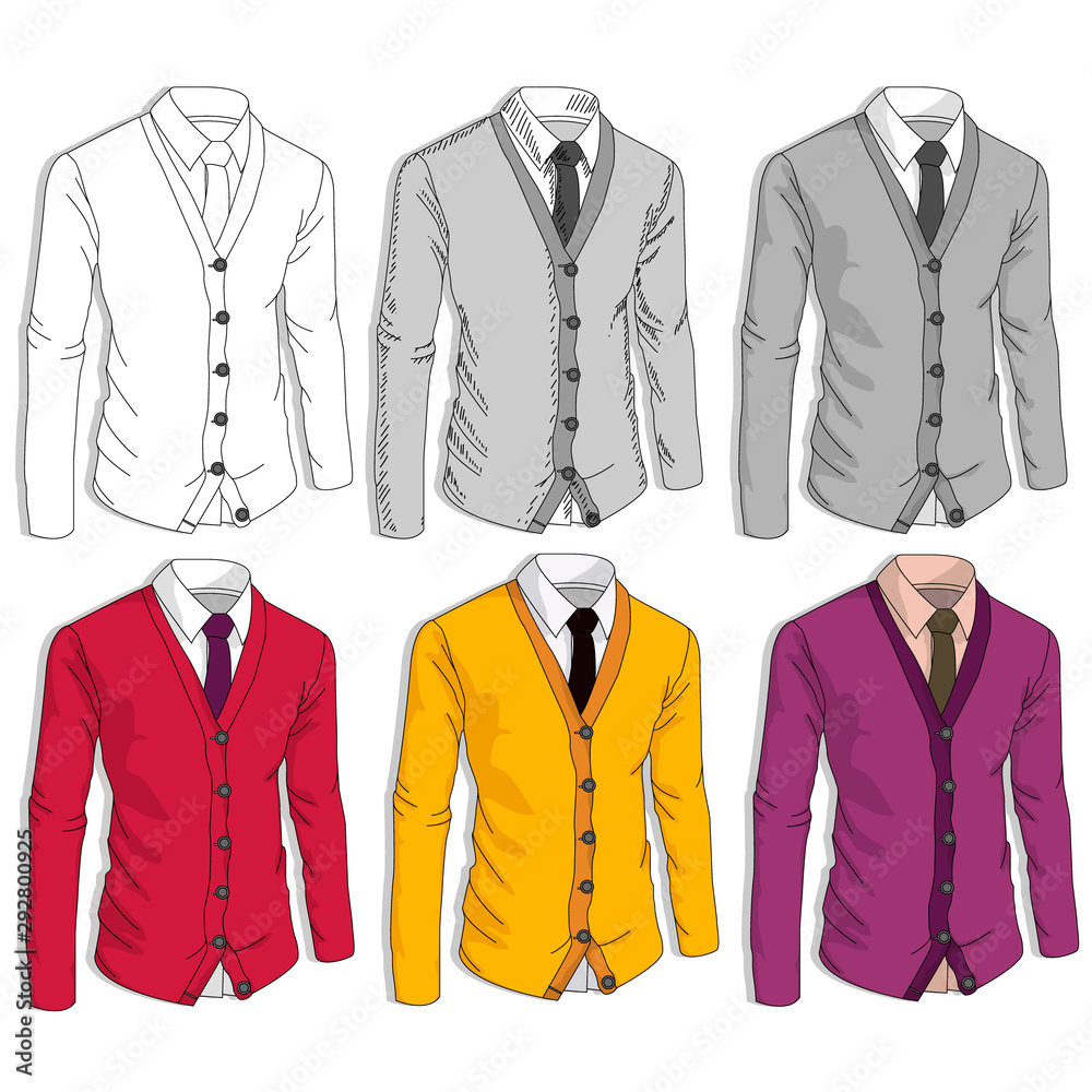 Collection of man business style jackets. Formal suit, tie, different color combinations. Vector illustration Collection of man business style jackets. Formal suit, tie, different color combinations. Vector illustration