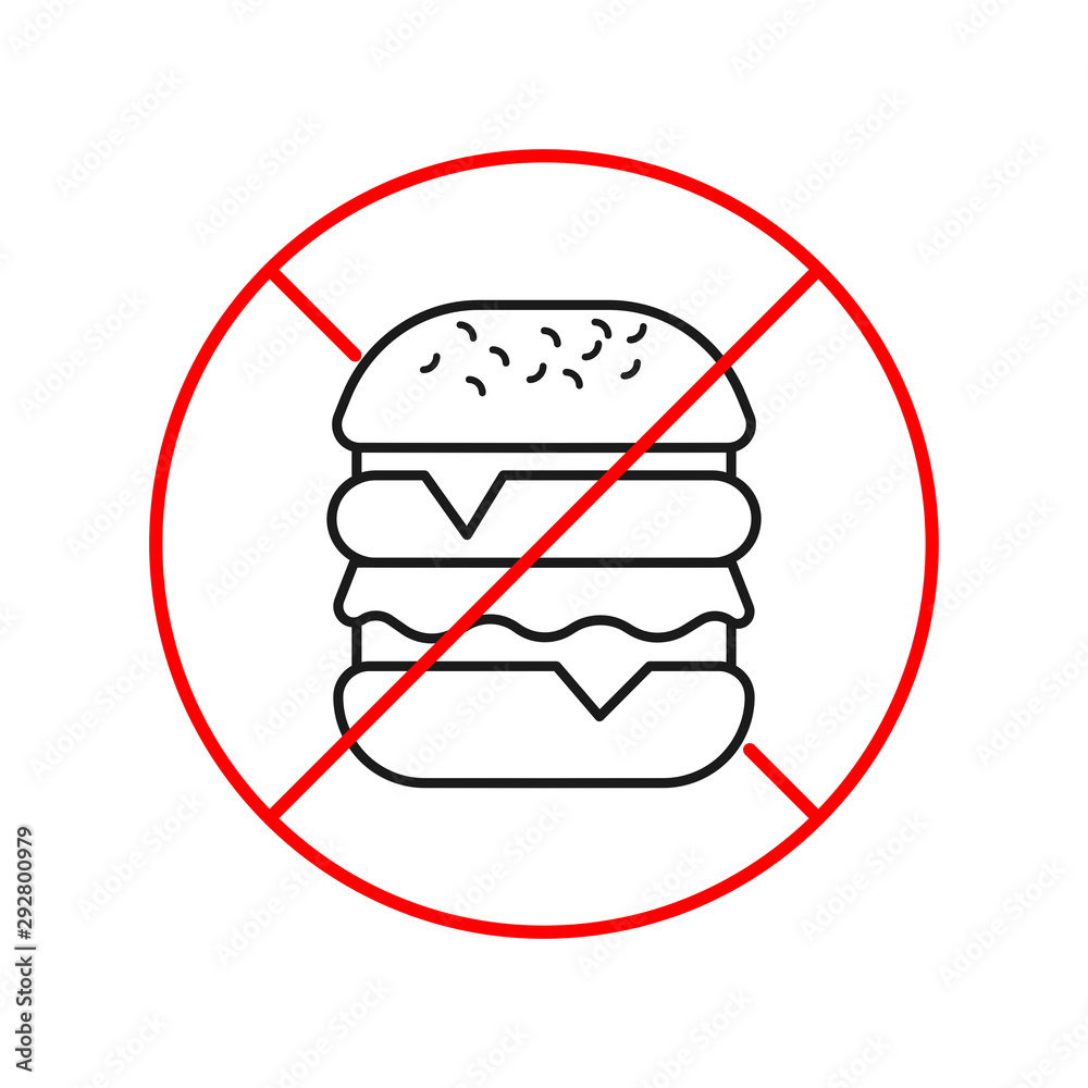 No burger sign. No food allowed. Forbidden symbol. No burger sign. No food allowed. Forbidden symbol.