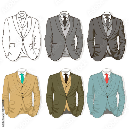 Collection of man business style jackets. Formal suit, tie, different color combinations. Vector illustration