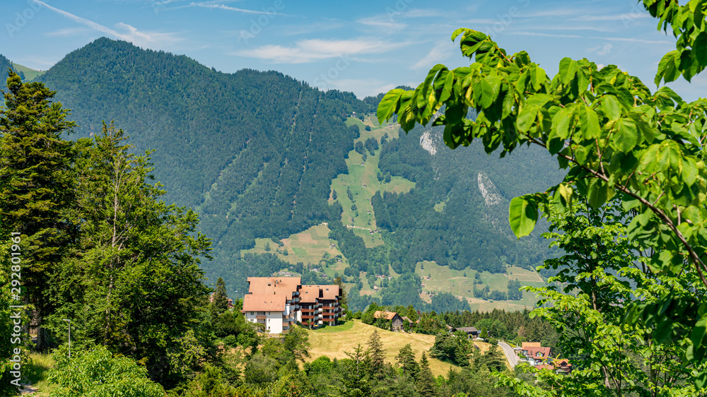 Scenic panorama view on old house on the lake Lucern and Alps around Scenic panorama view on old house on the lake Lucern and Alps around