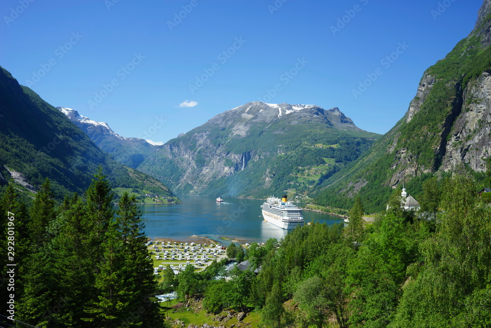 Cruise ship at Geiranger fjord in Norway