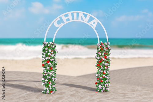 Welcome to China Concept. Beautiful Decor Arc  Gate or Portal with Flowers and Cina Sign on an Ocean Deserted Coast. 3d Rendering