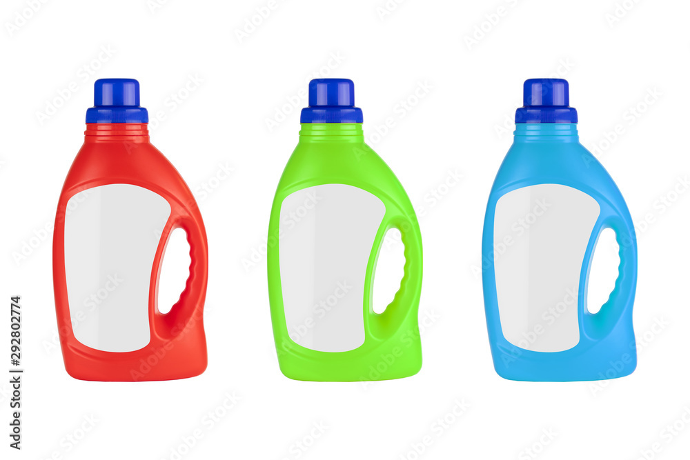 Red, Green and Blue Plastic Detergent Container Bottle Mock Up with Blank Space for Yours Design Red, Green and Blue Plastic Detergent Container Bottle Mock Up with Blank Space for Yours Design