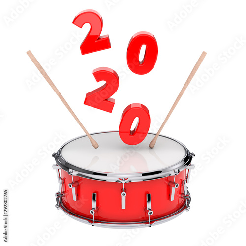 Red Snare Drum with Pair of Drum Sticks and 2020 New Year Sign. 3d Rendering