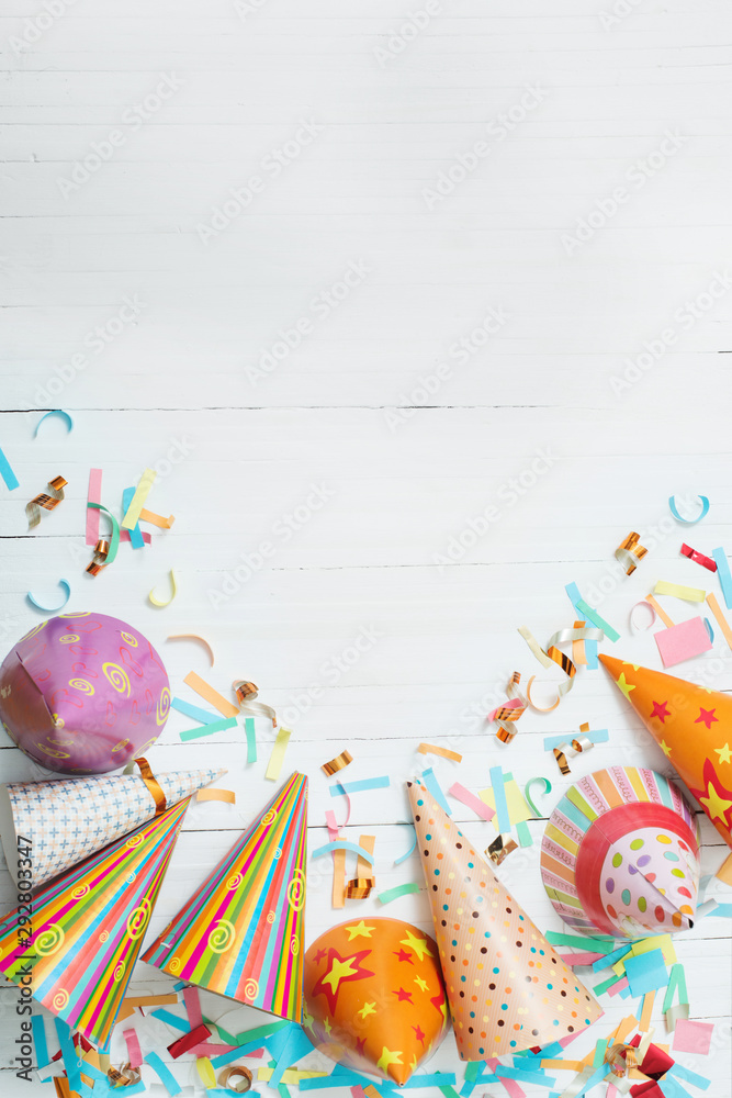 birthday decoration on white wooden background