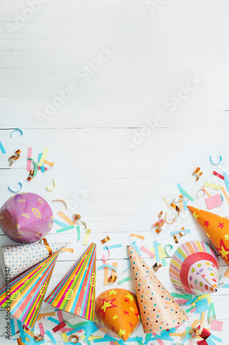 birthday decoration on white wooden background