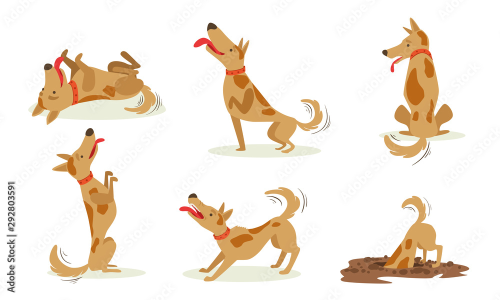 Collection of Funny Brown Dog in Different Situations Set, Cute Animal Character Playing, Barking, Digging Cartoon Vector Illustration