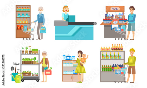 People Shopping at the Supermarket Set, Men and Women Buying Products on Shelves, Shopping Mall Center Interior Vector Illustration