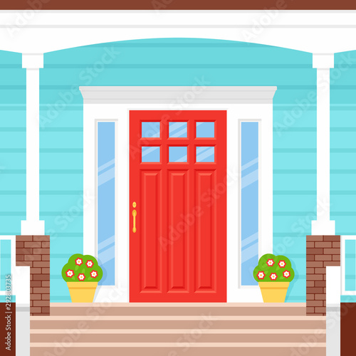 Front door house. Vector. Porch of building. Blue facade. Doorstep with red door, potted plants and wooden stairs. Home entrance. Modern outside architecture in flat design. Cartoon illustration.