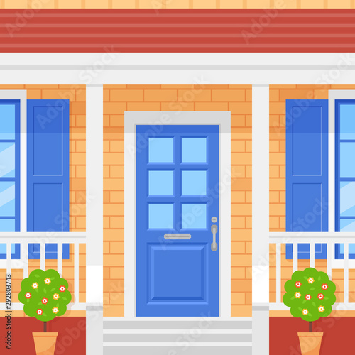 Front door house. Home porch. Vector. Facade with brick wall, blue door, topiary and windows. Building entrance, doorstep with stairs. Modern outside architecture in flat design. Cartoon illustration