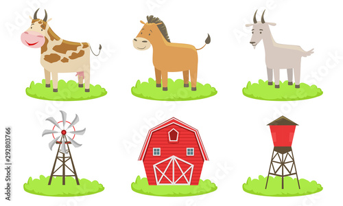 Collection of Farm Animals Such as Cow, Horse, Goat, Barn and Wind Turbine Vector Illustration