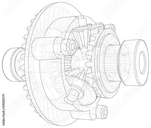 Transmission gearbox inside on white background. Vector rendering of 3d. Wire-frame style.