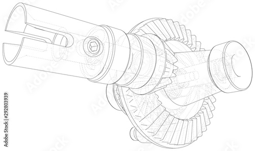 Inside view on gearbox cross section with gears and shafts. Wire-frame. EPS10 format. Vector created of 3d.